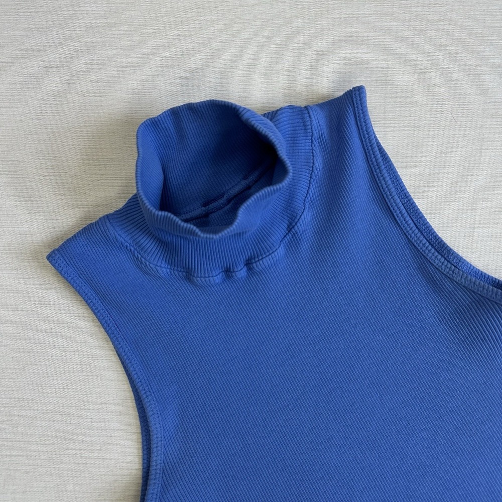 Big Bud Press Mockneck Tank Top Ribbed Organic Cotton Women Petite Blue - Picture 2 of 9